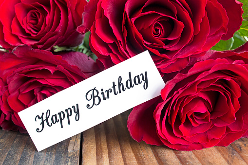 Happy Birthday Card With Bouquet Of Red Roses Stock Photo - Download ...