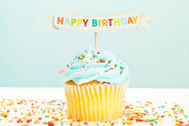 Happy Birthday Cupcake Cupcake with happy birthday banner happy birthday words stock pictures, royalty-free photos & images