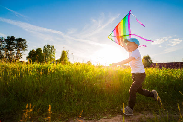 happy boy with a kite running in a meadow in summer in nature. stock photo