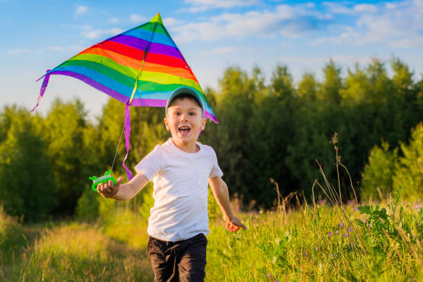 happy boy with a kite running in a meadow in summer in nature. stock photo