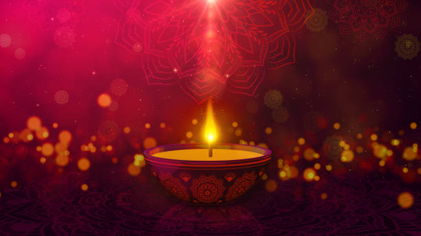 Happy Diwali Indian Holiday Events on a Religious Festival Diwali. Oil Lamp Animation with Bokeh Abstract Background. 3d rendering stock photo