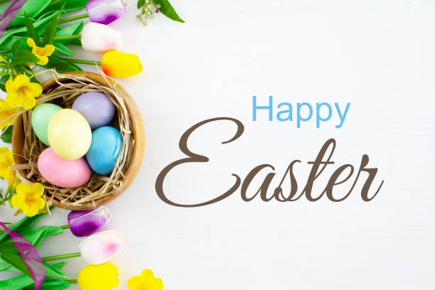 Happy Easter Happy Easter with easter eggs and spring flowers, on a white background. easter stock pictures, royalty-free photos & images