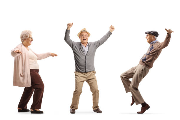 happy elderly people dancing - dancer white man on white imagens e fotografias de stock