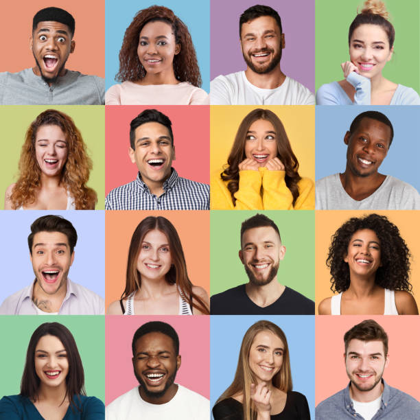 Happy faces collage Set of millennials emotional portraits. Young diverse people grimacing and gesturing at colorful studio backgrounds square composition photos stock pictures, royalty-free photos & images
