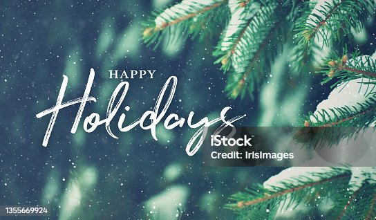 istock Happy Holidays Christmas Card with Close Up of Pine Tree Branch and Snow in Background 1355669924