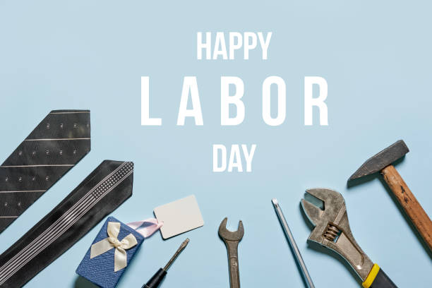 Happy labor day Happy Labor Day on bright blue background with various tools and ties. Labor Day. Construction tools with ties and gift box labor day stock pictures, royalty-free photos & images