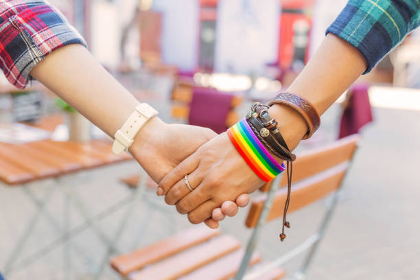 Happy lesbian couple wearing rainbow bracelet Happy lesbian couple wearing rainbow bracelet lgbtq stock pictures, royalty-free photos & images