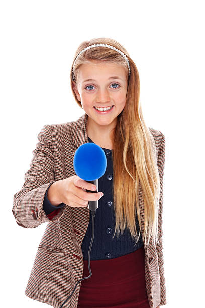 Happy little reporter taking your interview over white stock photo