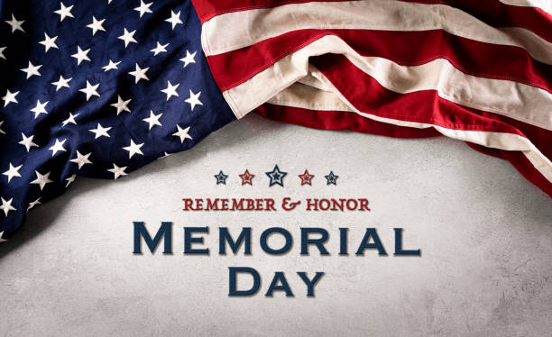 Happy memorial day concept made from american flag with the text on dark stone background. stock photo