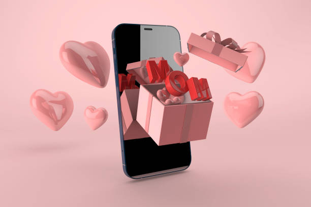 Happy mother's day. Congratulations for mom from smartphone with pink background. 3D Render stock photo