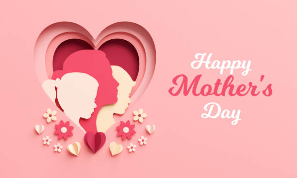 Happy Mother's Day flyer template with mom and children silhouettes inside a heart and flowers background. Celebration banner in paper cut, greeting card with text and copy space in 3D illustration stock photo