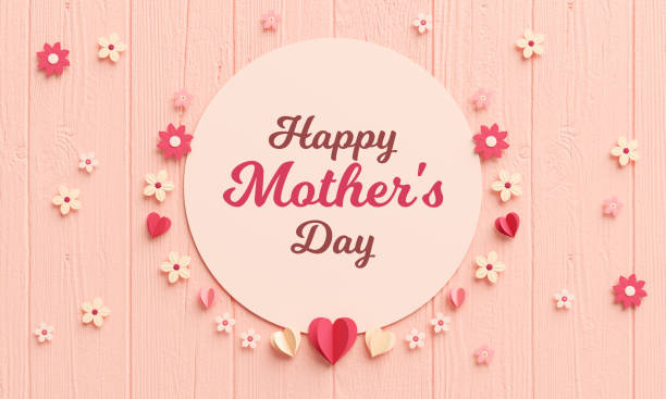 Happy Mother's Day modern banner template with texts, hearts and flowers in paper cut style on a wooden background. Flat lay view of poster or card background for celebrate love in 3D illustration stock photo
