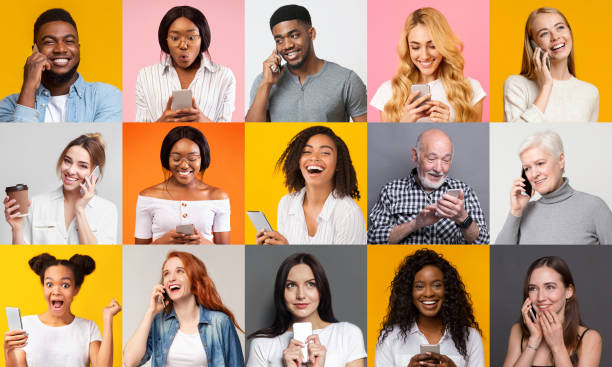 pessoas multi-raciais felizes usando telefones celulares em fundo colorido, colagem - colagem mulheres conversa - fotografias e filmes do acervo