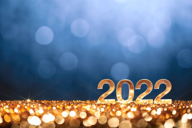 Happy New Year 2022 Background - Christmas Gold Blue Glitter stock photo