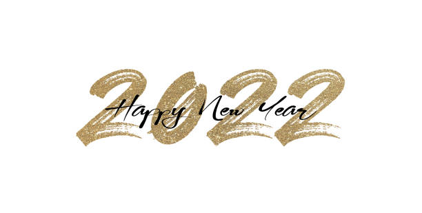 happy new year 2022 postcard with white background and golden sparkle stock photo