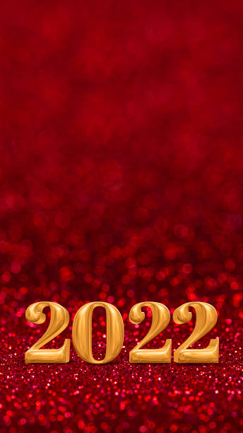 happy new year 2022 year number ( 3d rendering ) at sparkling gold and red glitter studio background ,Holiday Greeting card.copy space for add content. stock photo