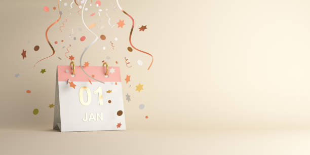 Happy New Year design creative concept, January 1st calendar and glittering confetti on gradient background. Copy space text area. Happy New Year design creative concept, January 1st calendar and glittering confetti on gradient background. Copy space text area, 3D rendering illustration. new year's day stock pictures, royalty-free photos & images