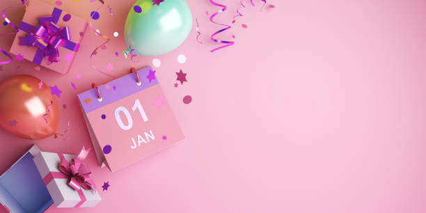 Happy New Year design creative concept, January 1st calendar, balloon, gift box, glittering confetti on pink background. Happy New Year design creative concept, January 1st calendar, balloon, gift box, glittering confetti on pink background. Copy space text area, 3D rendering illustration. new year's day stock pictures, royalty-free photos & images