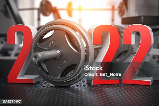 istock 2022 Happy New Year  in fitness bodybuilding workout gym. Number 2022 with barbell and oter spoirt equipment. 1345730197