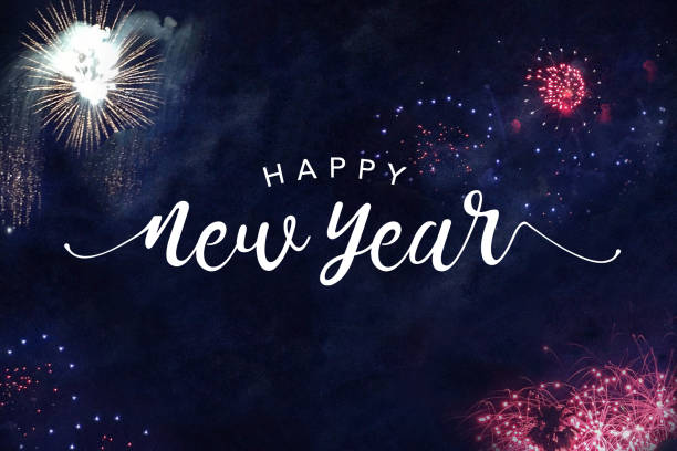 feliz tipografía de año nuevo con fuegos artificiales - happy new year fotografías e imágenes de stock