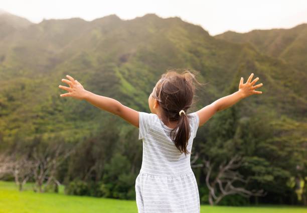 Happy people in nature. Little girl standing outside, arms raised. Kid with her arms out enjoying the afternoon sun free jpeg images stock pictures, royalty-free photos & images