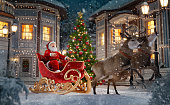 istock Happy Santa Claus in Christmas sleigh in a magical forest with candy canes. 1281936436