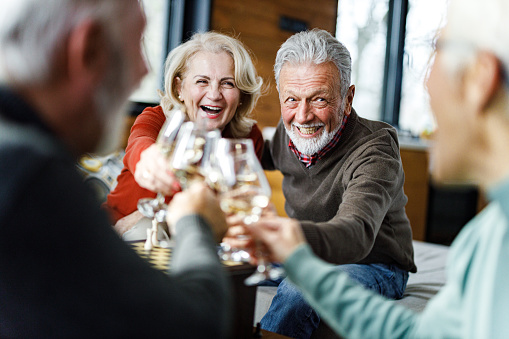 Happy mature couple toasting with their friends during social gathering at home.