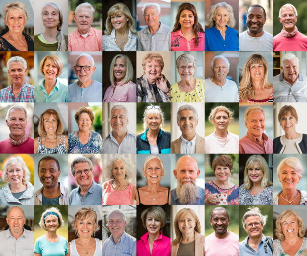 Happy Senior's Collage A front view image collage of a large group of multi ethnic 50+ seniors smiling. image montage stock pictures, royalty-free photos & images