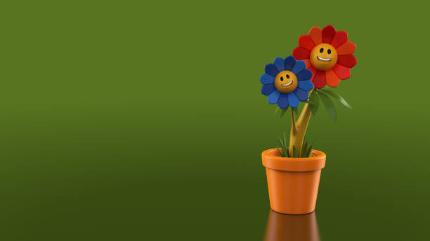 3D Happy Smiling Cartoon Style Smiley Colorful Flowers Isolated on Green Background with Clipping Path stock photo