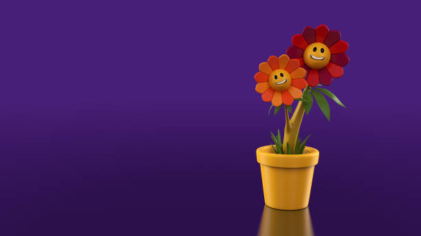 3D Happy Smiling Cartoon Style Smiley Colorful Flowers Isolated on Purple Background with Clipping Path stock photo