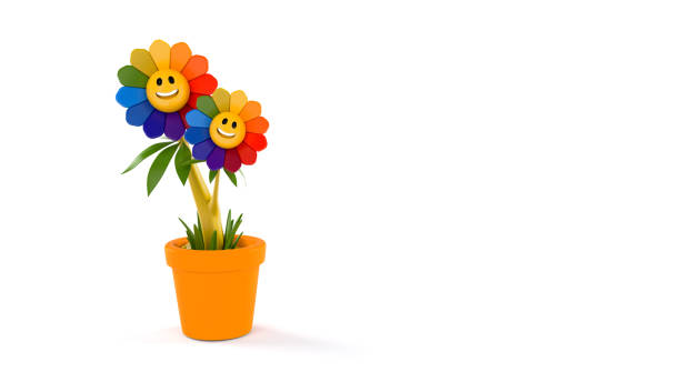3D Happy Smiling Cartoon Style Smiley Colorful Flowers Isolated on White Background with Clipping Path stock photo