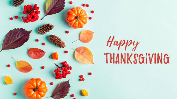 Happy Thanksgiving greeting card with leaves, pumpkins, rowan berries on mint background. Fall, thanksgiving concept. Happy Thanksgiving greeting card with leaves, pumpkins, rowan berries on mint background. Fall, autumn, thanksgiving concept. thanksgiving holiday stock pictures, royalty-free photos & images