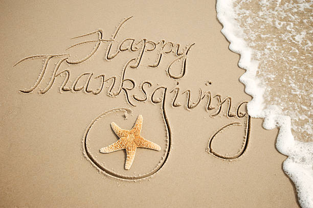 Happy Thanksgiving Message Handwritten Outdoors with White Wave stock photo