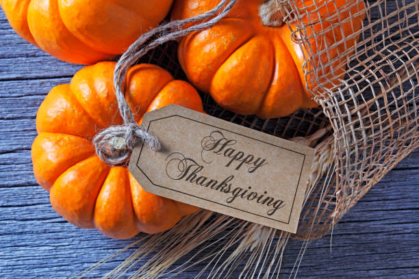 Happy Thanksgiving Tag Hanging From Pumpkin stock photo
