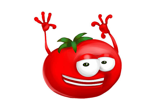 Happy tomato cartoon character laughing with joyfully raised arms Happy red tomato cartoon character laughing with joyfully raised arms, cute and funny tomato character with a big smile, on a white background.  tomato cartoon stock pictures, royalty-free photos & images
