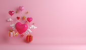 istock Happy Valentines day background with gift box, heart shape wing arrow, copy space text, 3D rendering illustration 1363197171