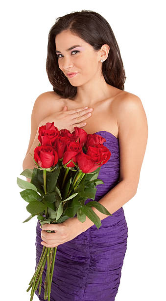 Happy Woman Holding Roses stock photo