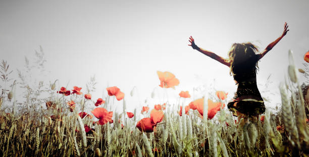 happy woman in a poppy field - dansen stockfoto's en -beelden