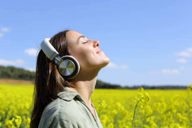 Happy woman meditating with headphones in a field Side view portrait of a happy woman meditating with wireless headphones in a yellow field free images for downloads stock pictures, royalty-free photos & images