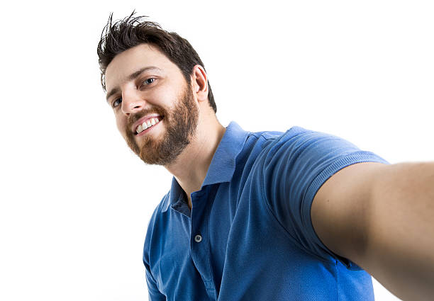 幸せな若い男性た自分撮り写真は、白色の背景 - 自撮り ストックフォトと画像