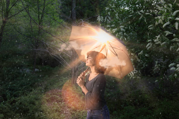happyness - rain woman sun stockfoto's en -beelden
