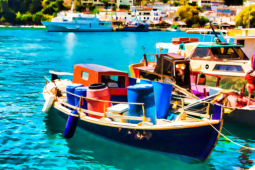 Wooden Fishing Boats in the beautiful Harbour of Alonissos island in Greece