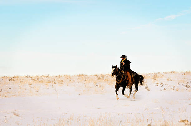 Hard Riding Cowboy In Action On Snowy Desert Landscape stock photo