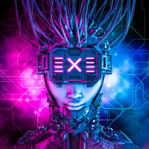 Hardwired cyberpunk female android stock photo