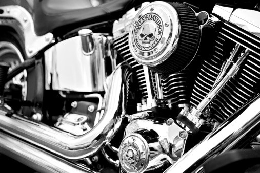 Bergen County, New Jersey, USA - May 4, 2014: Custom Harley Davidson motorcycle engine with custom Harley logos. Harley Davidson motorcycles continue to be the most popular and coveted motorcycles for customizing throughout the world.