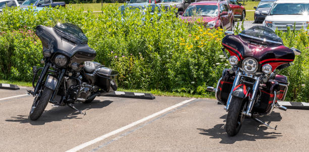 Harley Davidson motorcycles in a parking lot stock photo