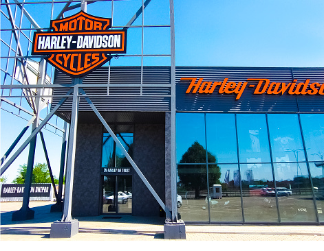 Kyiv, Ukraine - August 15, 2020: Harley-Davidson shop and Office. Harley-Davidson, or Harley, is an American motorcycle manufacturer, founded in Milwaukee, Wisconsin in 1903