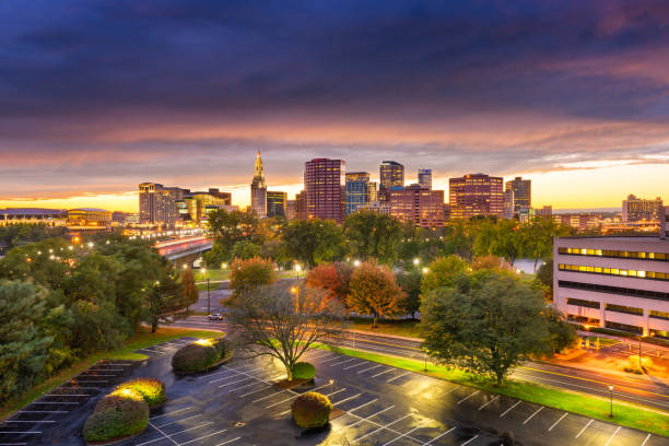 Hartford, Connecticut, USA Downtown Cityscape Hartford, Connecticut, USA downtown skyline at dusk in early autumn. connecticut stock pictures, royalty-free photos & images
