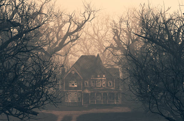haunted house scene in creepy forest stock photo