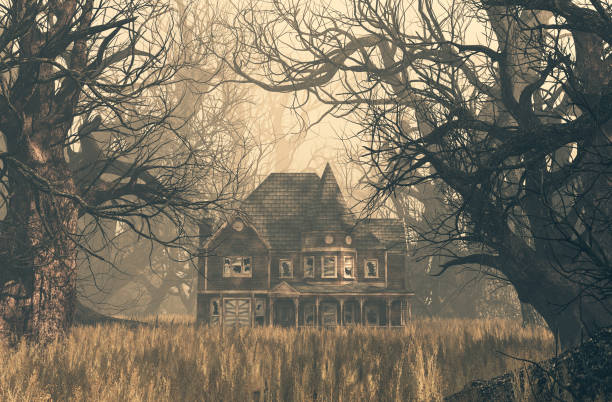 Haunted house scene haunted house scene in creepy forest,3d illustration spooky photos stock pictures, royalty-free photos & images